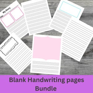 Könnte beinhalten: Eine Sammlung weißer Papierbögen mit verschiedenen Schreiblayouts, darunter linierte Seiten, leere Kästchen und eine Seite mit der Aufschrift My Story und einer Titelzeile. Einige Seiten haben rosa oder hellblaue Ränder und Rahmen zum Schreiben.