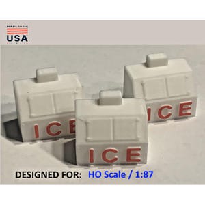 May include: Three white miniature ice cream shop models with red "ICE" lettering. The models are designed for HO scale / 1:87. The image also includes the text "MADE IN THE USA".