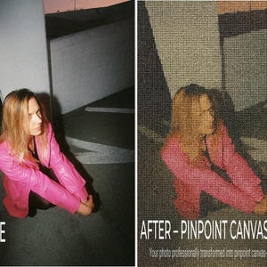 以下が含まれることがあります： ピンクのジャケットを着た人物の比較画像。「BEFORE」画像は写真です。「AFTER」画像は、「AFTER - PINPOINT CANVAS EFFECT」と「Your photo professionally transformed into pinpoint canvas-style artwork」というテキストが入ったキャンバススタイルのアートワークです。