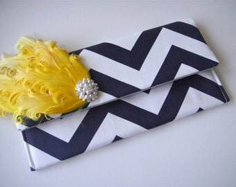 SET OF 6 - Bridesmaids Clutch In Navy Chevron with Yellow Feather Pad, Wedding Clutch, Fold Over Clutch, Bridesmaids Accessories
