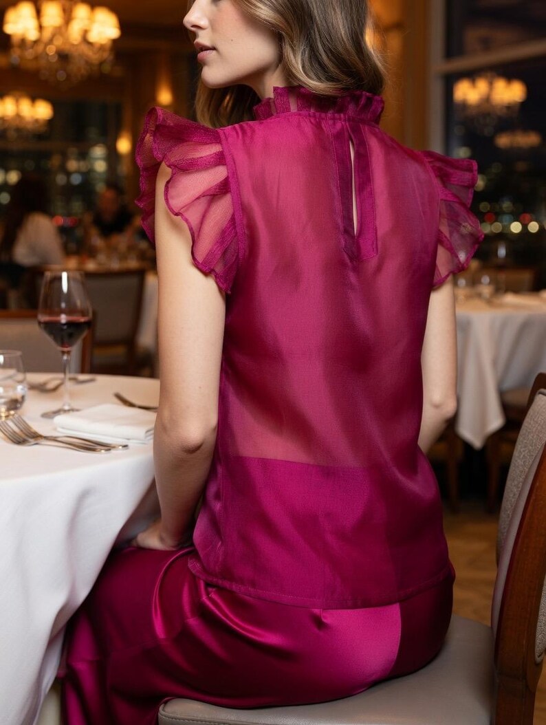 Magenta Ruffle Blouse Magenta Silk Blouse – Romantic Evening Top – Ruffle Sleeve Dressy ...
