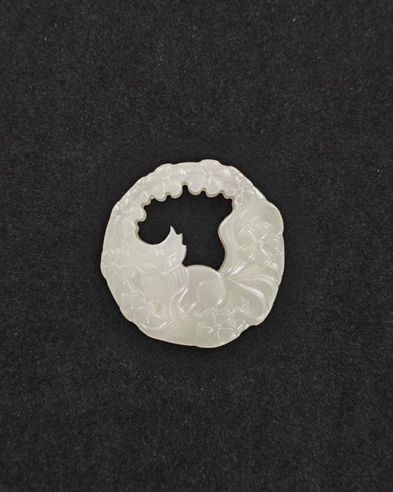 White Jade Openwork Nine-Tailed Fox Pendant-Chinese Mythical Spirit Fox Ornament