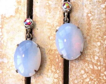 White Earrings Vintage Glass White Opal earrings Silver plated Lever-back Summer Wedding Jewelry Gift under 40 Vintage Assemblage Jewelry