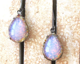 Vintage Glass Fire Opal earrings Vintage glass fire opals Silver plated Leverback Summer Wedding Jewelry under 40 Vintage Assemblage Jewelry