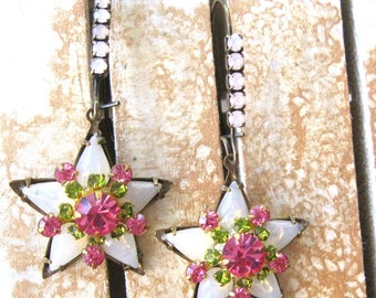 White pink and green star Earrings Vintage Glass White Opals earrings Swarovski opal wires Jewelry Gift under 40 Vintage Assemblage Jewelry