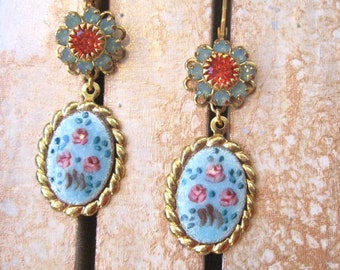 Aqua and rose Earrings Vintage enamel earrings gold plated Lever-back blue and pink Summer Wedding Jewelry under 40 Vintage enamel Jewelry