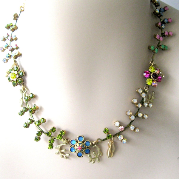 Flower necklace Vintage lily of the valley leaves and daisy settings Swarovski crystal handmade jewelry vintage assemblage Sprigs Collection