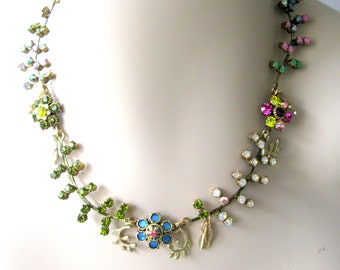 Flower necklace Vintage lily of the valley leaves and daisy settings Swarovski crystal handmade jewelry vintage assemblage Sprigs Collection
