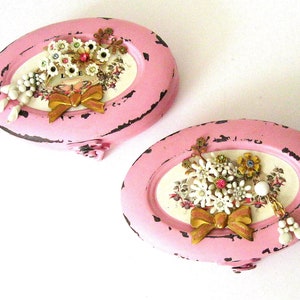 Pink metal trinket box oval with vintage flowers Shabby Chic oval pink and blue gift boxes, jewelry boxes, treasure box favor boxes Vintage