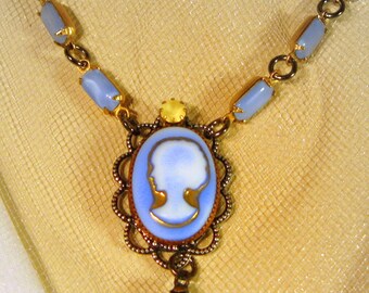 Vintage Glass Necklace Romantic Blue Cameo Black and Blue Upcycled Handmade Necklace TEA PARTY Black Ribbon Free Shipping