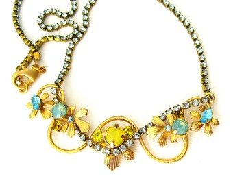 Blue and Yellow Opal crystal necklace Matte gold pacific opal yellow opal flowers bib necklace rhinestone necklace vintage style