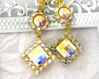 Square drop Earrings AB crystal Swarovski Earrings Handmade Jewelry gold plated earrings  handmade Jewelry