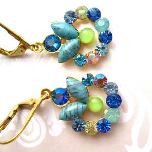 Blue and green earrings-vintage wreath components new and vintage Swarovski crystal Wreath earrings Blue and green dangle earrings vintage image 1