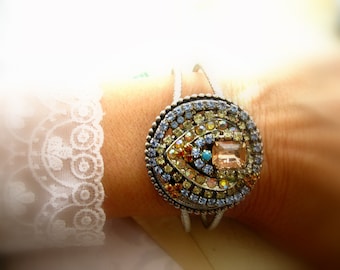 Rhinestone Cuff Pastel Bracelet Vintage rhinestone  WRIST CANDY Assemblage Handmade Bracelet. Pastels Heart Rhinestone bracelet