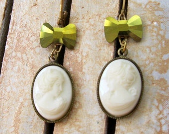 Ivory cameo Earrings Vintage Glass ivory cameo earrings Swarovski green bows Summer Wedding Jewelry Gift under 40 Vintage Assemblage Jewelry