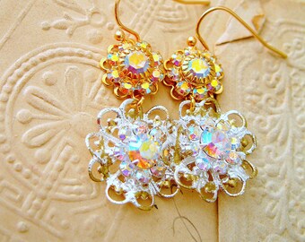 Crystal Earrings Dangle Crystal Earrings DOUBLE JOY AB crystal silver and gold filigree handmade vintage style bridal  jewelry earrings
