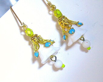 White and turquoise Flower earrings - Fairy Flowers Vintage white flower earrings - Dangle earring Floral Jewelry Gift under 50
