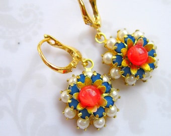 Pearl Blue yellow Flower Earrings Young Lady pearls and crystal earrings gold Handmade earrings