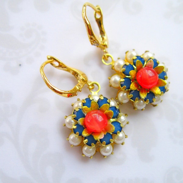 Pearl Blue yellow Flower Earrings Young Lady pearls and crystal earrings gold Handmade earrings