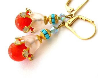 Tangerine and Turquoise Earrings Fairy Flower earrings - Vintage flower earrings - Dangle earring Floral Jewelry Gift under 50 Haskell