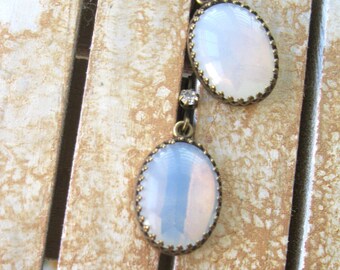 White Earrings Vintage Glass White Opal earrings brass oxidized Lever-back Summer Wedding Jewelry Gift under 40 Vintage Assemblage Jewelry