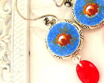 Earrings Dangle Handmade Jewelry HAPPY BLUES Guilloche Vintage Flower earrings Handmade earrings Red