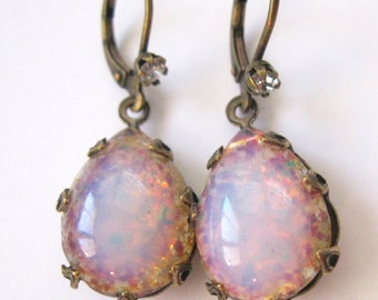 Vintage Glass Fire Opal earrings Vintage glass fire opals aged brass Leverback Summer Wedding Jewelry under 40 Vintage Assemblage Jewelry