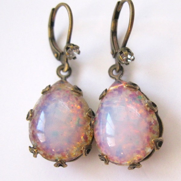 Vintage Glass Fire Opal earrings Vintage glass fire opals aged brass Leverback Summer Wedding Jewelry under 40 Vintage Assemblage Jewelry