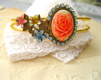 Vintage flowers Bangle Blue with coral roses cabochon Bracelet Vintage Flower Bracelet  Handmade Bracelet Shabby Gold Rhinestone bracelet