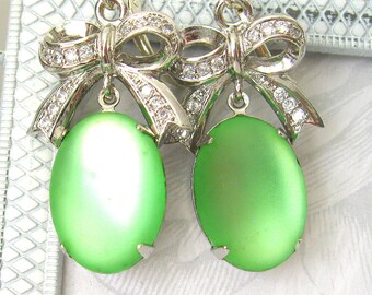 Frosty green vintage glass moonstone earrings silver bows wtih CZ green earrings vintage cabochon