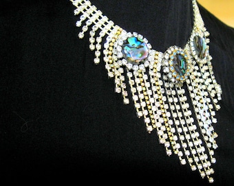Vintage rhinestone Collar Necklace Statement  necklace Bib Necklace ELIZABETH. Peacock necklace. OOAK Rhinestone Upcycled