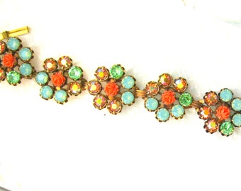 Blue Green Coral Flower Link Bracelet Swarovski Crystal Vintage Flower bracelet Large bracelet 7-1/2 inch Plus Size Jewelry Blue braceletl