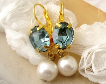 Jewelry Earrings Dangle Montana Blue Earrings Vintage Pearl Swarovski Crystal gold GIRL WITH a PEARL Earrings Handmade Estate Jewelry