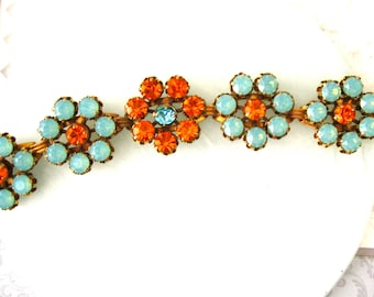 Pacific Opal Flower Link Bracelet Swarovski Crystal Vintage Flower bracelet Large bracelet 7-1/2 inch Plus Size Jewelry Blue braceletl