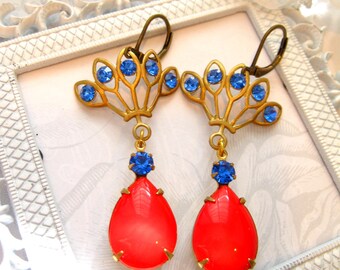 Rhinestone Handmade Earrings Vintage Earrings Dangle Deco Earrings tomato red sapphire blue earrings gold peacock handmade jewelry