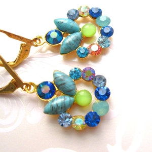 Blue and green earrings-vintage wreath components new and vintage Swarovski crystal Wreath earrings Blue and green dangle earrings vintage image 4