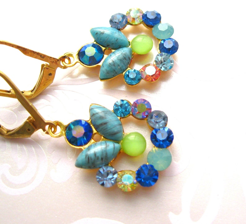Blue and green earrings-vintage wreath components new and vintage Swarovski crystal Wreath earrings Blue and green dangle earrings vintage image 4