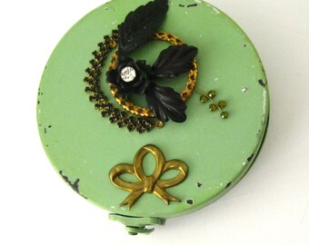 Trinket box Shabby Chic metal jewelry Vintage jewels black flowers misc trinket box gift boxes Vintage distressed green mint green handmade