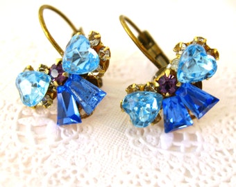 Blue bow crystal earrings Blue and Aqua Swarovski vintage crystals. Bow earrings. Antiqued Gold leverback. Bridal Prom Wedding