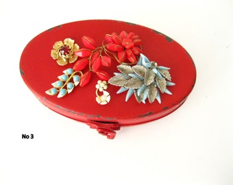 Red metal trinket box oval with vintage bird and flowers jewelry box gift box trinket box favor box shabby chic decor Xmas gift birthday