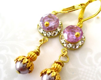Lilac Pearl Sparkling Earrings Handmade Jewelry DEW DROP Lilac CZ dangle earrings Handmade earrings