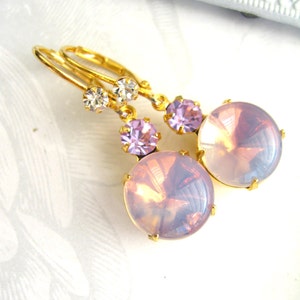 Light amethyst earrings Vintage Rosaline stones Swarovski violet gold plated CZ ear wire setting and ear wire Handmade romantic earrings