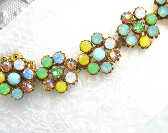 Blue and Yellow Opal Flower Bracelet Swarovski Crystal Vintage Flower bracelet Large bracelet 7-1/2 inch Plus Size Jewelry pastel bracelet