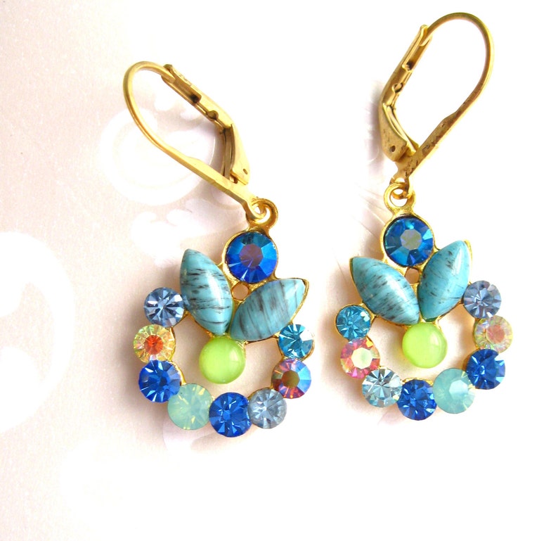 Blue and green earrings-vintage wreath components new and vintage Swarovski crystal Wreath earrings Blue and green dangle earrings vintage image 2