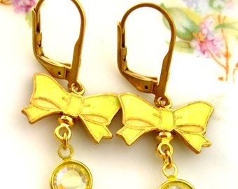 Vintage Pastel Yellow bow Drop Earring vintage Enamel bow Jewelry yellow bow Vintage Japan and Swarovski crystal earrings Handmade earrings