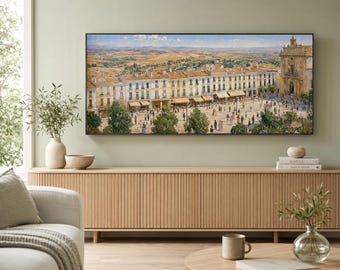 Arte digital para marco de TV Samsung / Elegante paisaje de plaza de pueblo / Colores mediterráneos vibrantes / Estilo impresionista