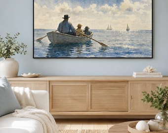 Marco de TV Samsung con escena marina en acuarela de Winslow Homer: bote de remos, figuras, mar en calma (arte digital).
