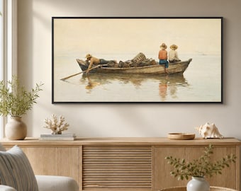 Escena marina de Homer en acuarela, niños en un bote, decoración náutica para pared (marco de TV Samsung)