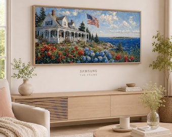 Pintura al óleo de una casa de campo costera americana: escena veraniega impresionista, decoración náutica.