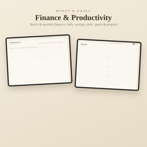 K&ouml;nnte beinhalten: Zwei digitale Tablets mit Vorlagen f&uuml;r Finanz- und Produktivit&auml;tsplaner. Der Text auf den Bildschirmen lautet MONEY & GOALS, Finance & Productivity, Yearly & monthly finances, bills, savings, debt, goals & projects, Yearly Finances und My Goals.